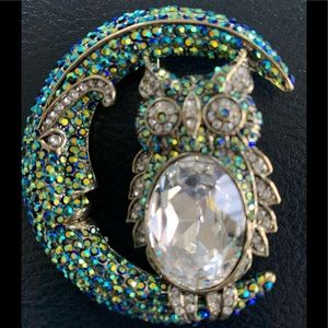 Heidi Daus Green/Blue Rhinestone Owl w/ Moon Silhouette Brooch NWOT